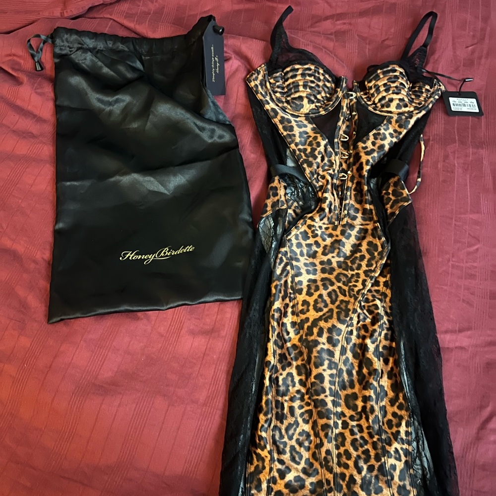 Honey Birdette Leopard Print and Black Lace Chemise